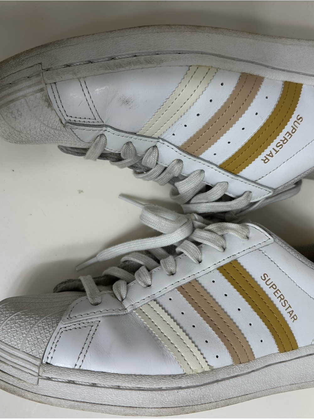 adidas Superstar White Sneakers with Cream, Tan & Mustard Stripes